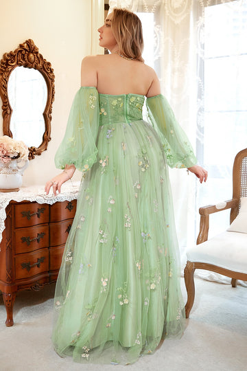 A Line Off the Shoulder Green Plus Size Ball Dress with Embroidery
